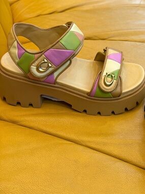 Coach Colorblock Platform Sandal in Pink, Green & Cream